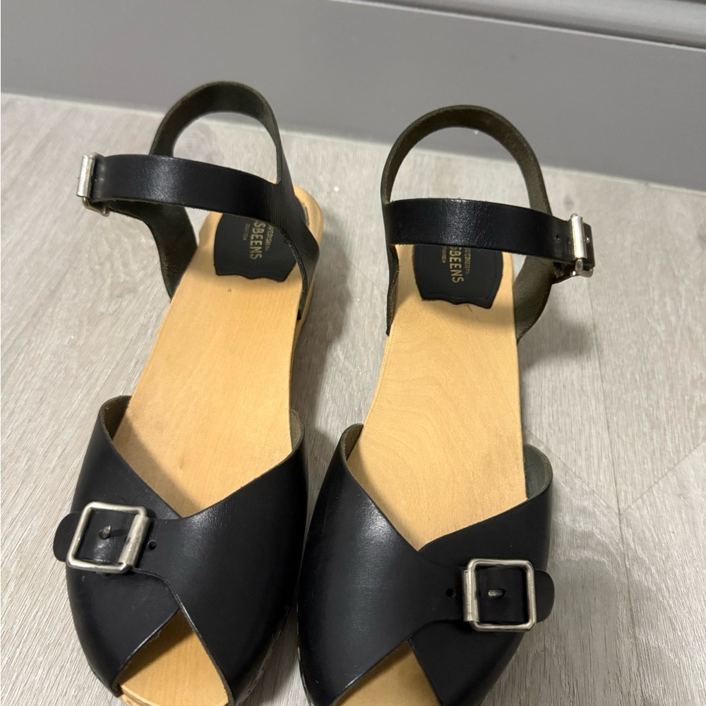 Swedish Hasbeens Black Leather Sandals with Buckle